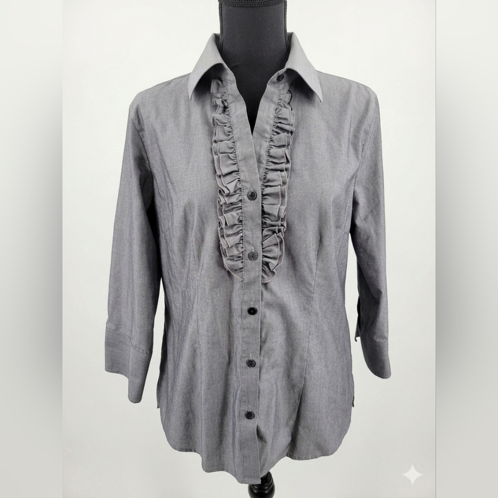 Foxcroft Gray Ruffle-Front Button Blouse